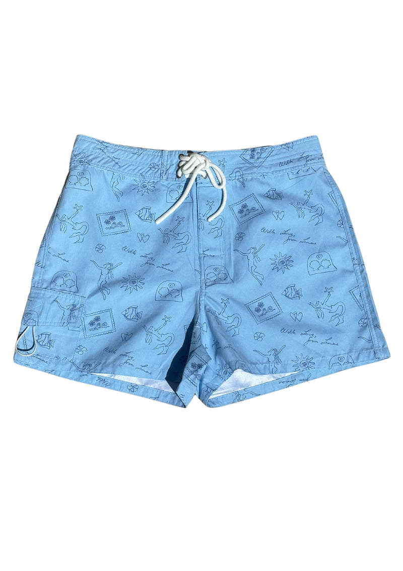 Tie Front Boardshorts - Baby Blue Signature Print