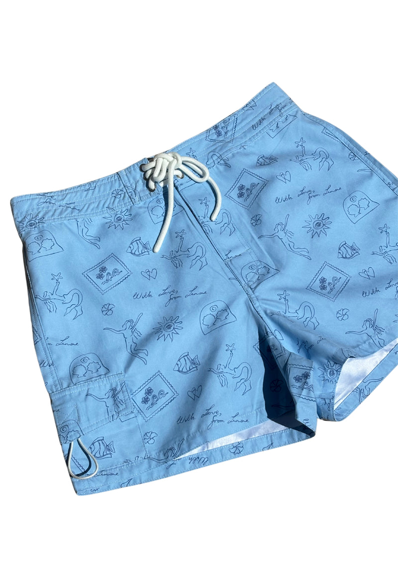 Tie Front Boardshorts - Baby Blue Signature Print