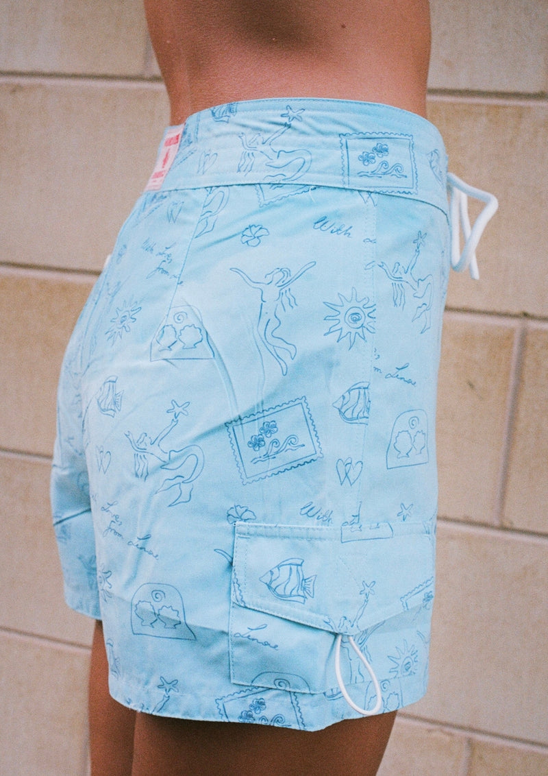 Tie Front Boardshorts - Baby Blue Signature Print